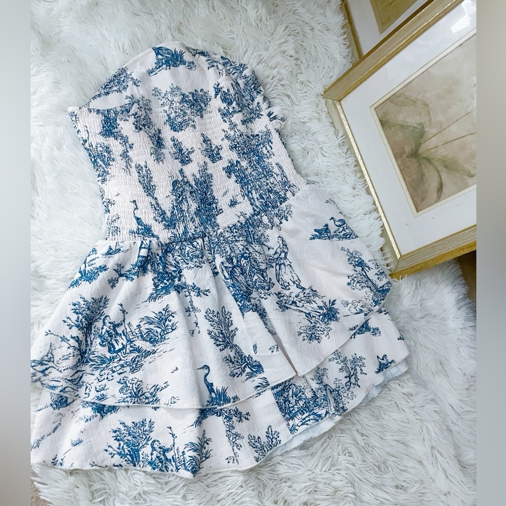 Blue and White toile de jouy Strapless Dress - Picture 6 of 11